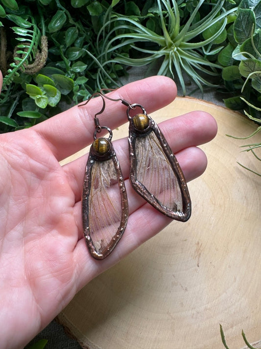 Tigers Eye and Moth Wing Earrings | Copper Ashes