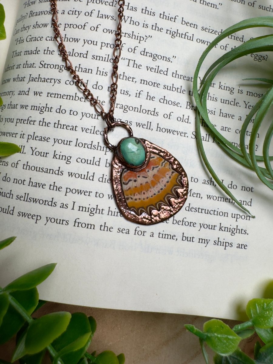 Turquoise and Butterfly Wing Necklace | Copper Ashes