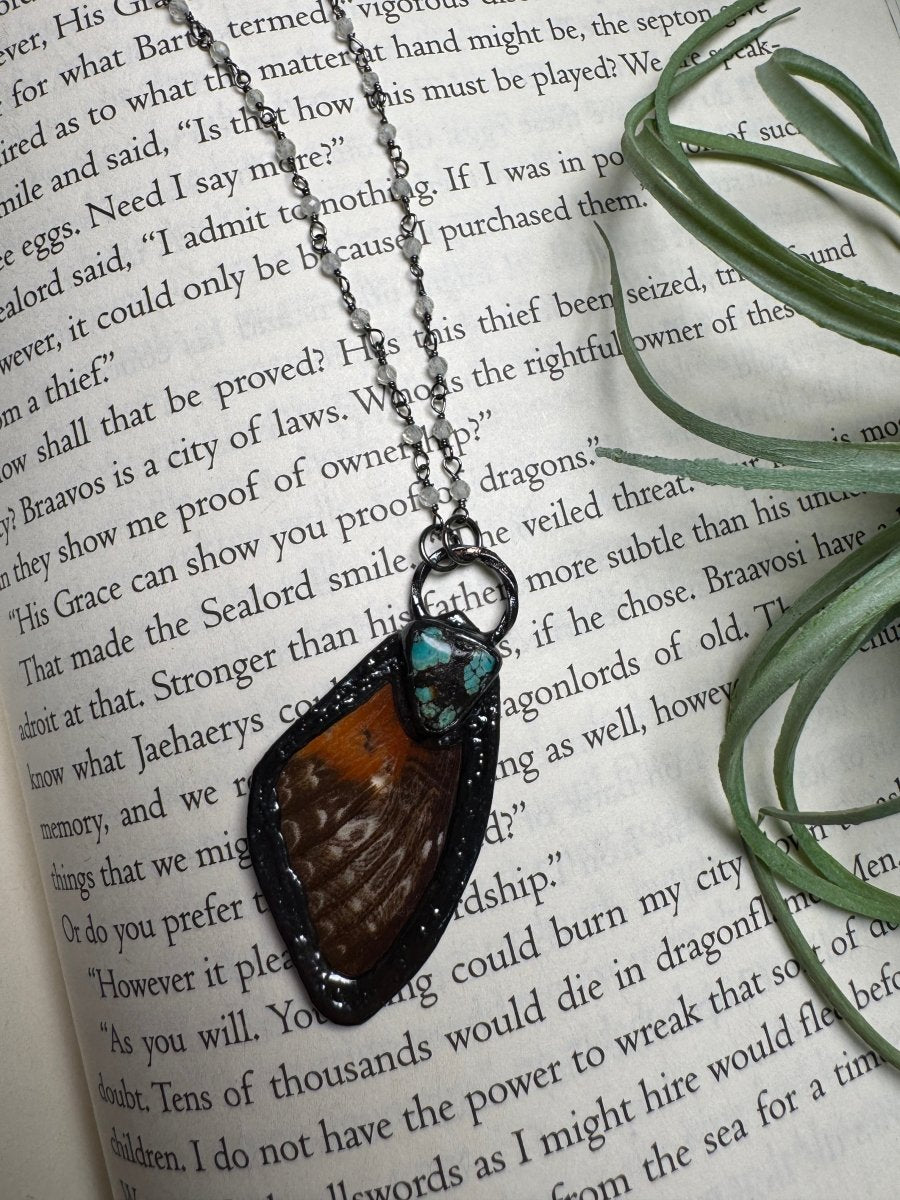 Turquoise and Butterfly Wing Necklace with Quartz Beaded Chain (reversible) | Copper Ashes