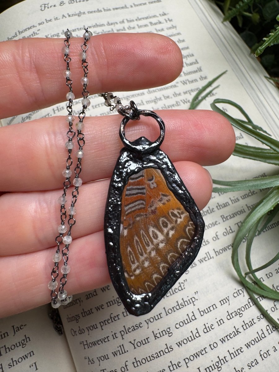 Turquoise and Butterfly Wing Necklace with Quartz Beaded Chain (reversible) | Copper Ashes