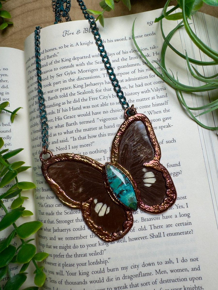 Turquoise and Butterfly Wing Statement Necklace | Copper Ashes