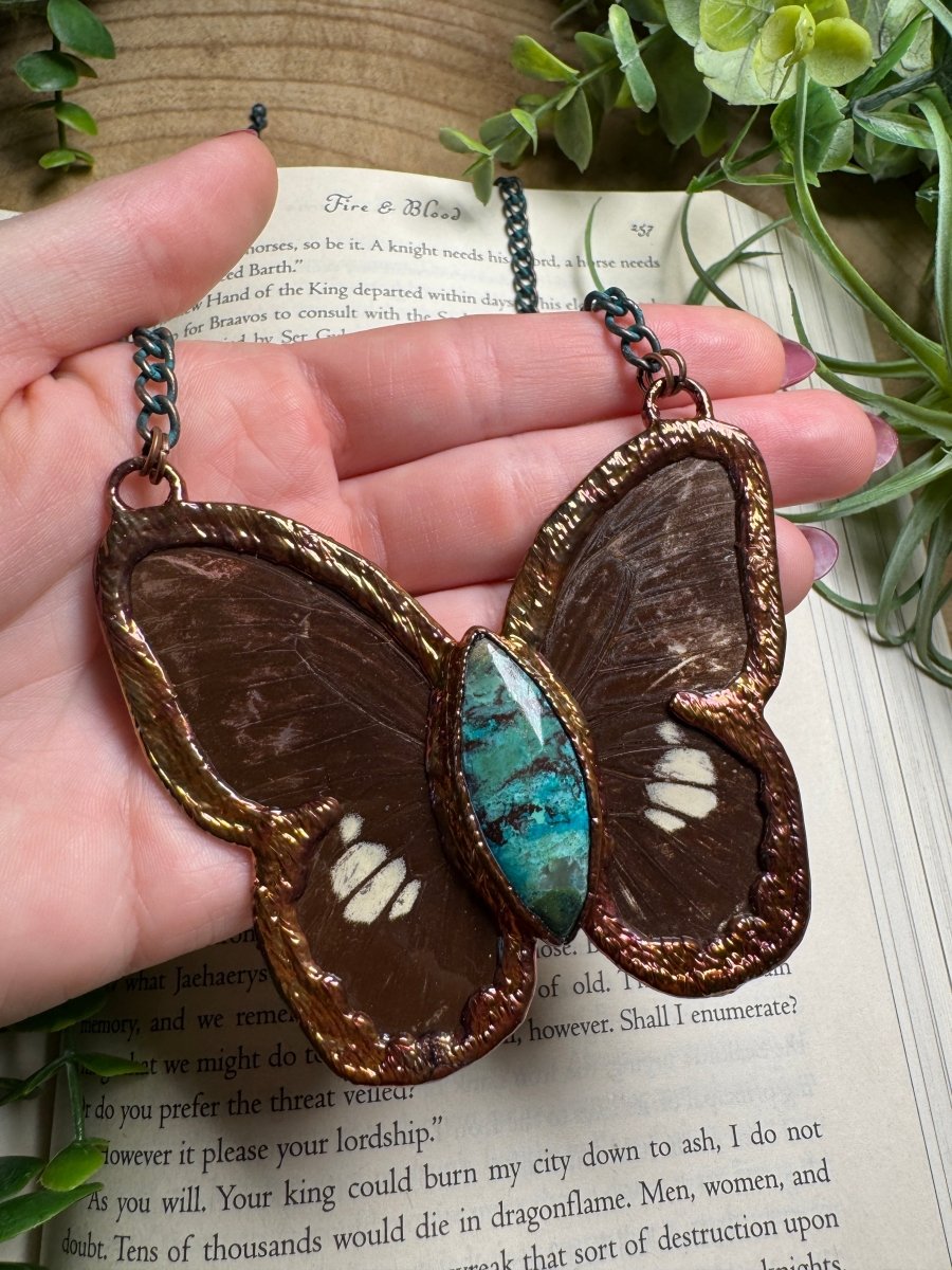 Turquoise and Butterfly Wing Statement Necklace | Copper Ashes