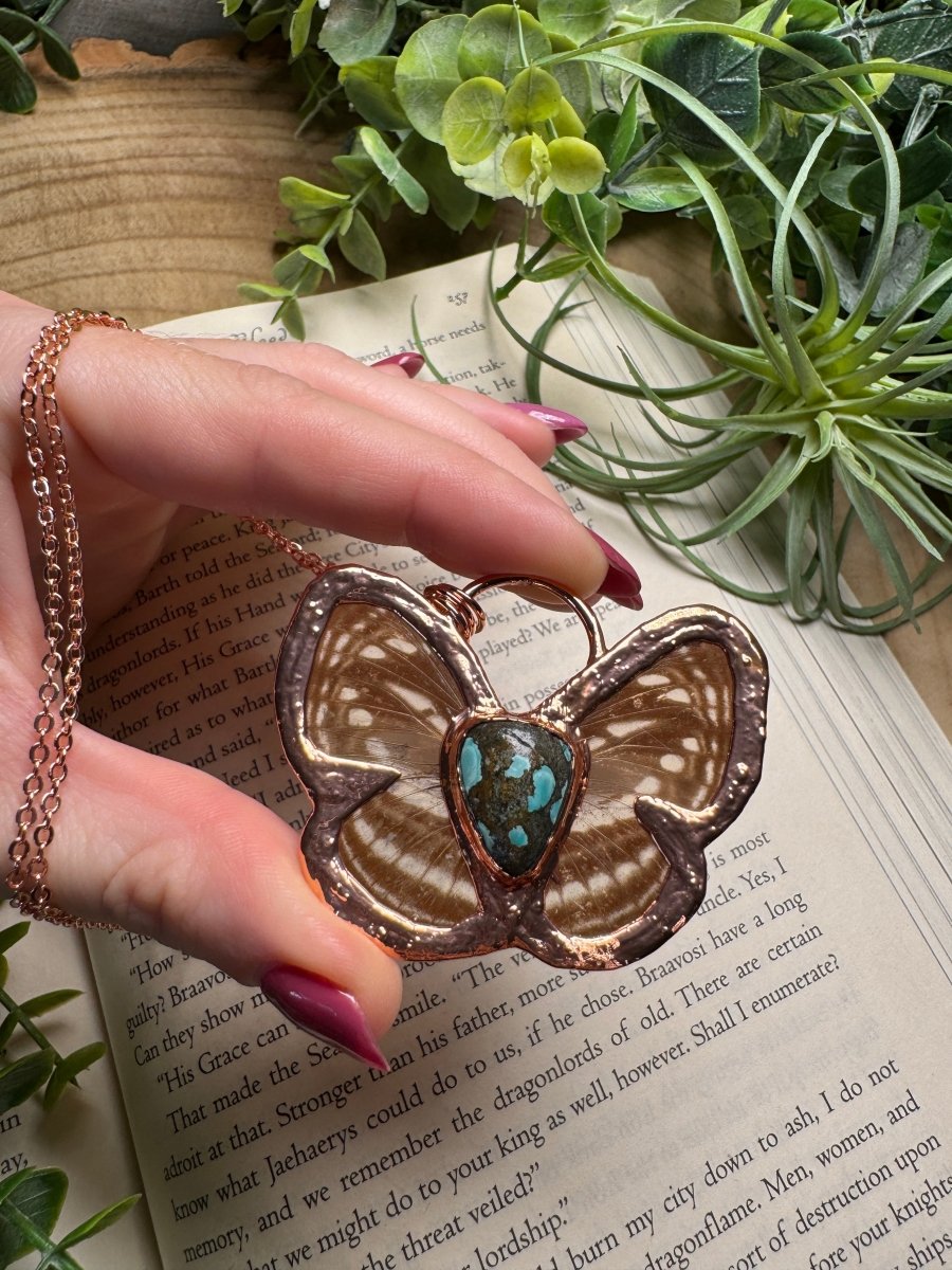 Turquoise and Butterfly Wing Statement Necklace | Copper Ashes