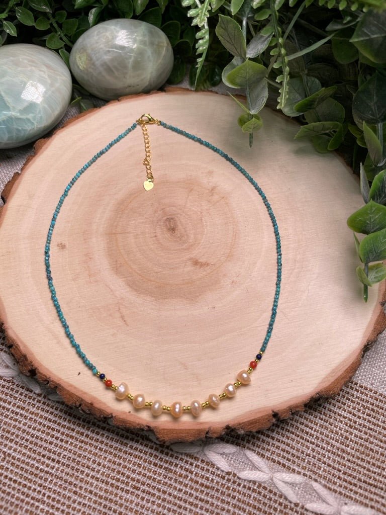 Turquoise and Freshwater Pearl Choker Necklace | Copper Ashes