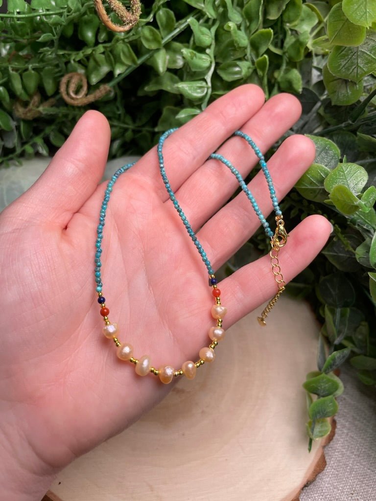 Turquoise and Freshwater Pearl Choker Necklace | Copper Ashes