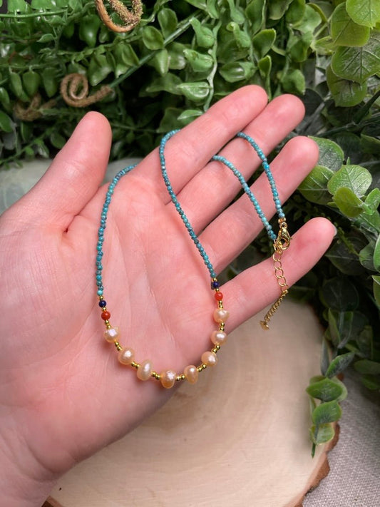 Turquoise and Freshwater Pearl Choker Necklace | Copper Ashes