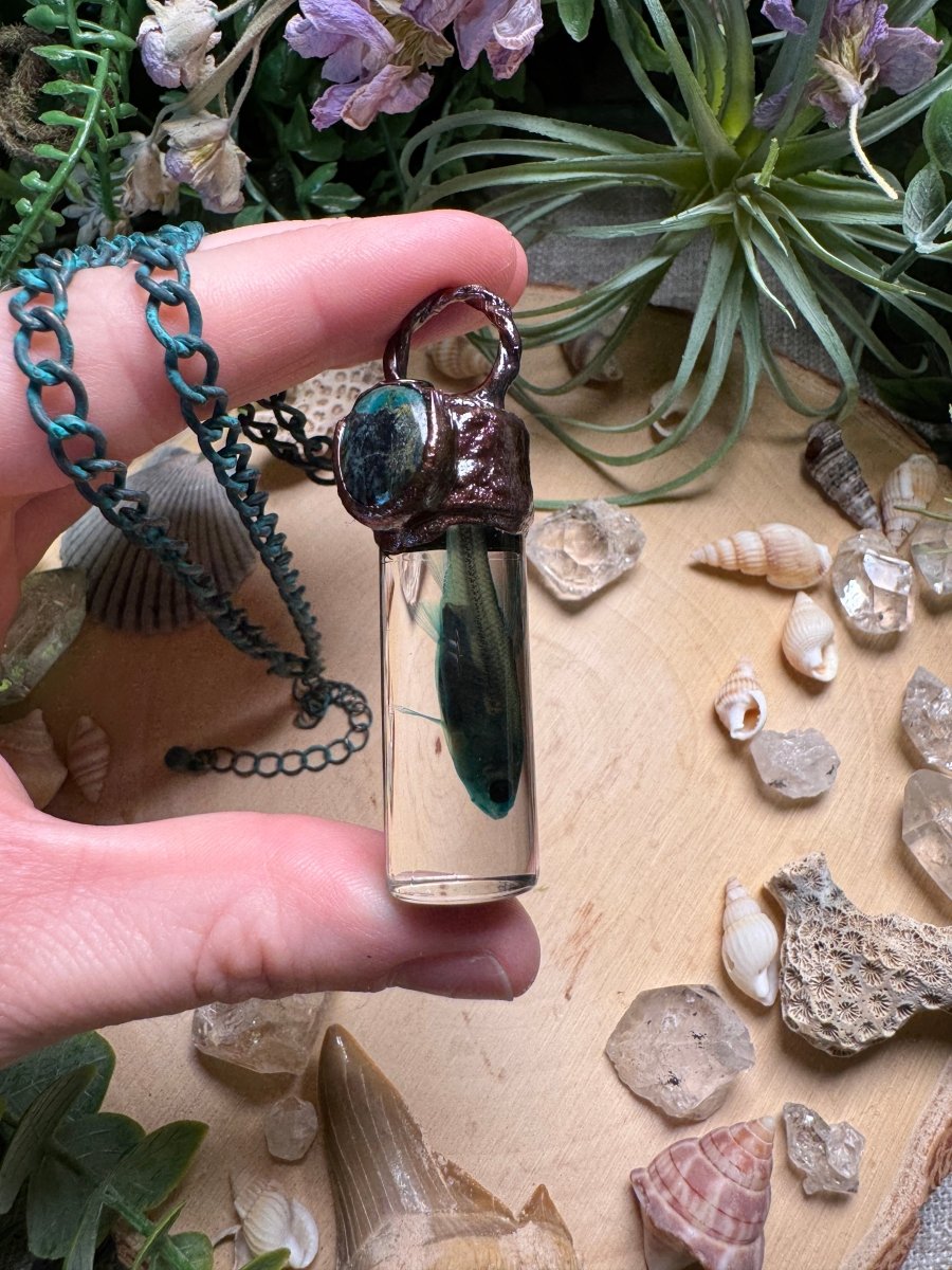 Turquoise and Minnow Oddity Vial Necklace | Copper Ashes