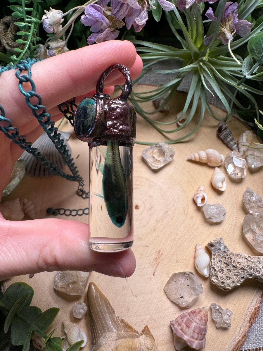 Turquoise and Minnow Oddity Vial Necklace | Copper Ashes