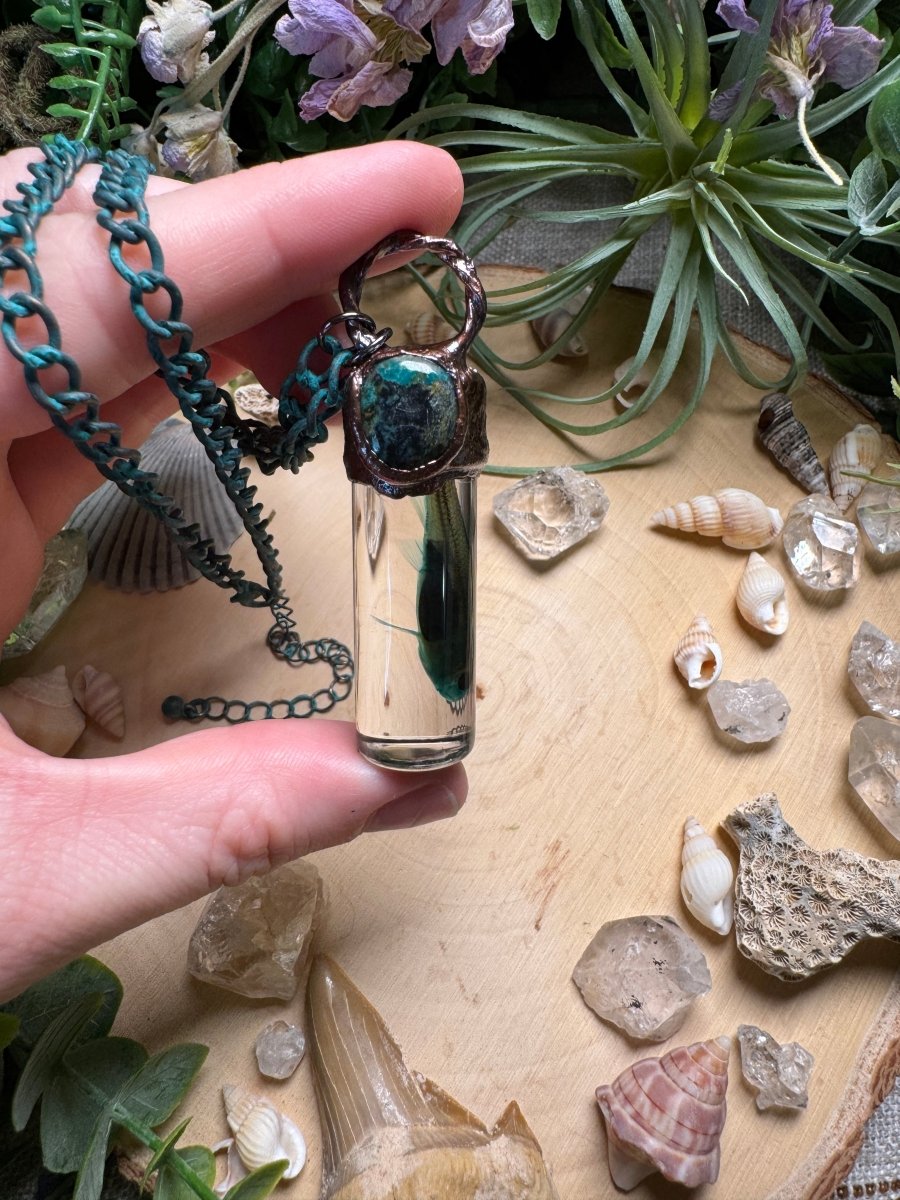 Turquoise and Minnow Oddity Vial Necklace | Copper Ashes
