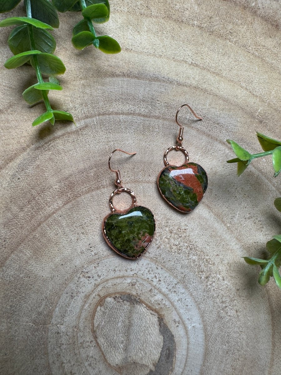 Unakite Jasper Heart Earrings | Copper Ashes