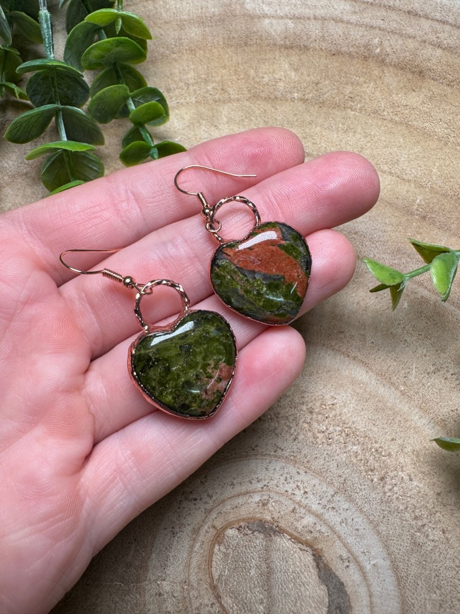 Unakite Jasper Heart Earrings | Copper Ashes