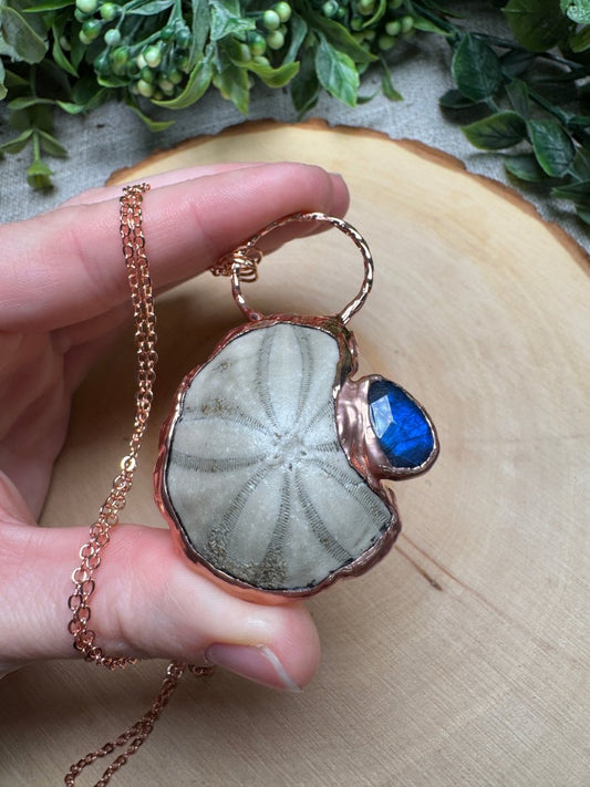 Velkan - Fossilized Sea Biscuit and Labradorite Necklace | Copper Ashes