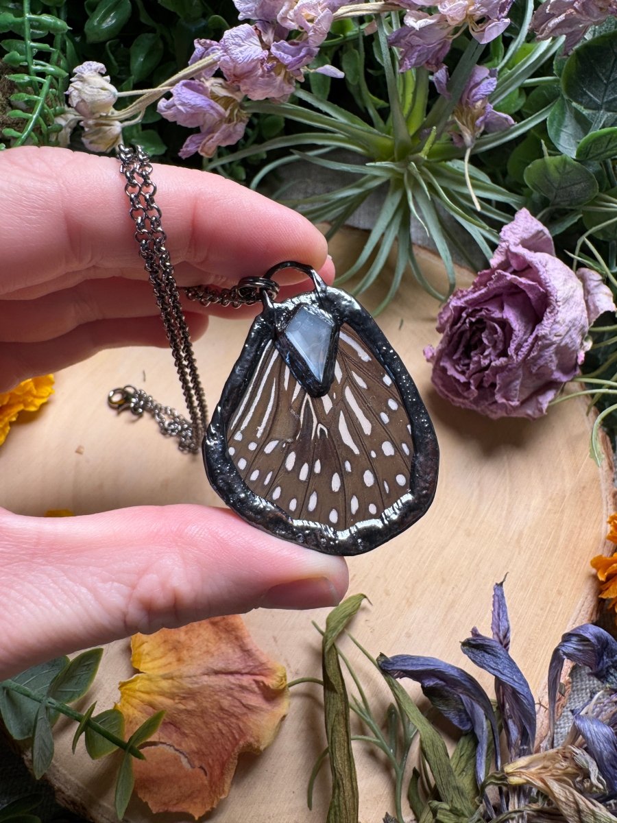 White Moonstone and Butterfly Wing Necklace | Copper Ashes