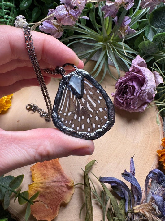 White Moonstone and Butterfly Wing Necklace | Copper Ashes