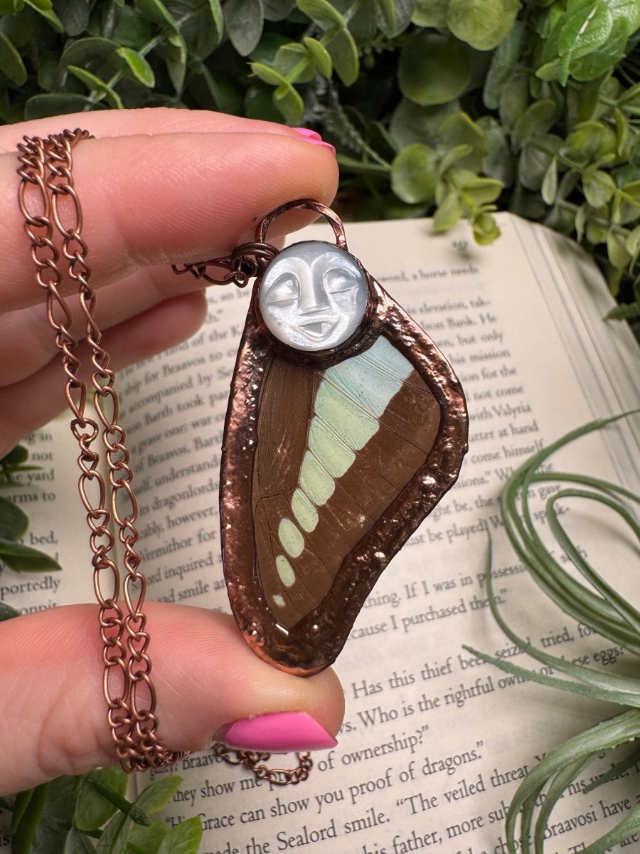 White Moonstone Goddess and Butterfly Wing Necklace | Copper Ashes