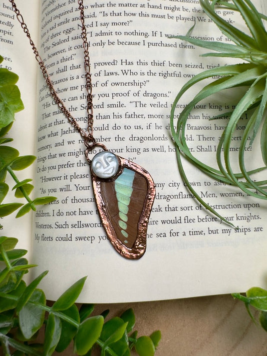 White Moonstone Goddess and Butterfly Wing Necklace | Copper Ashes
