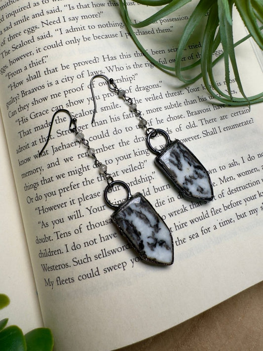 Zebra Jasper and Black Rutile Quartz Dangle Earrings | Copper Ashes