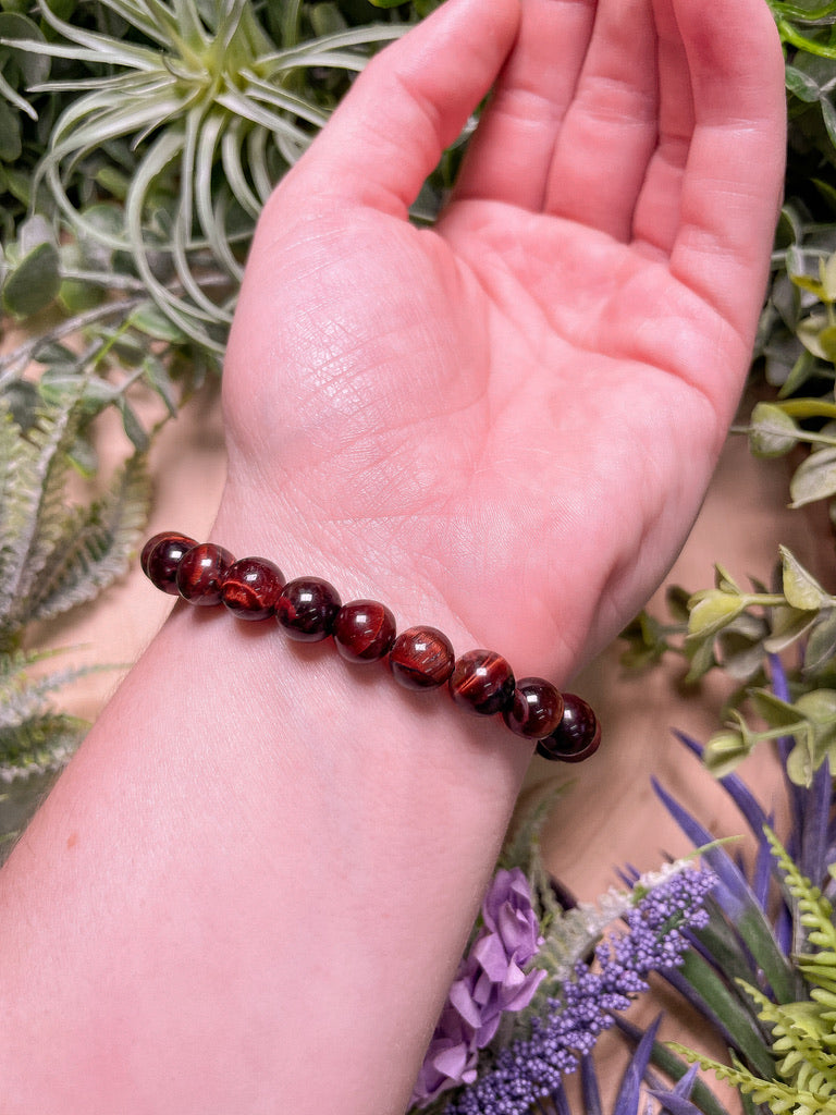 8mm Beaded Red Tigers Eye Bracelet