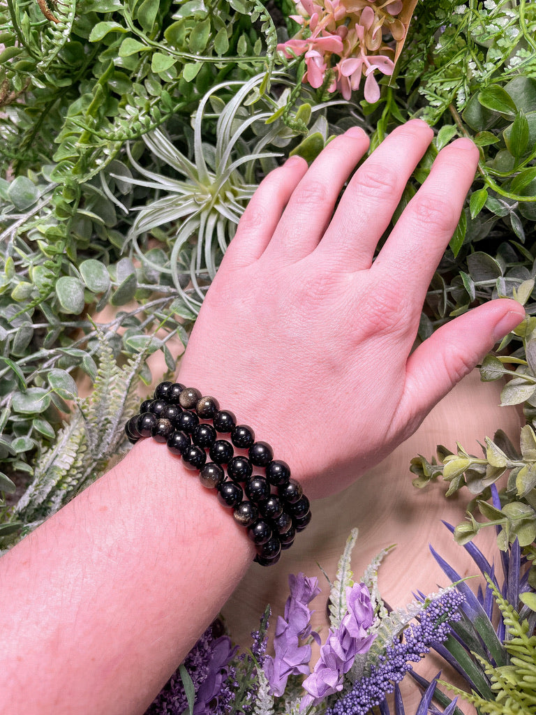 8mm Beaded Gold Sheen Obsidian Bracelet
