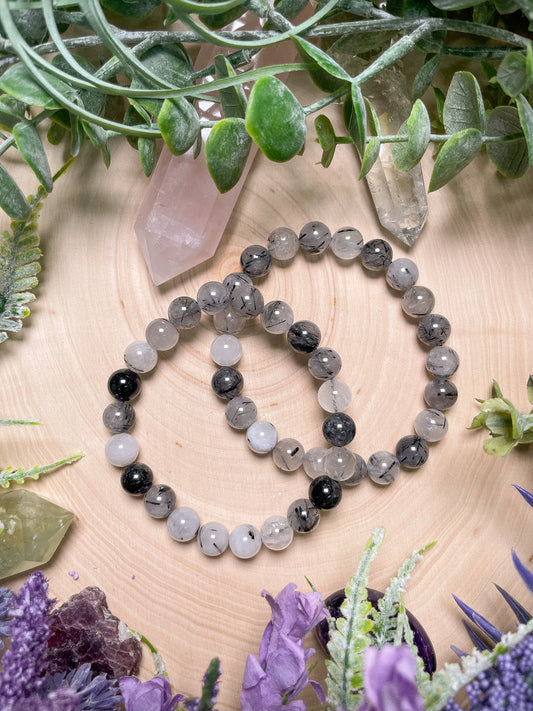8mm Beaded Black Rutile Quartz Bracelet