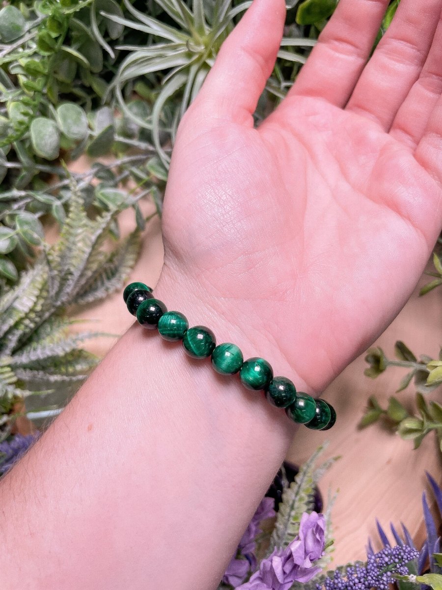 8mm Beaded Green Dyed Tigers Eye Bracelet | Copper Ashes