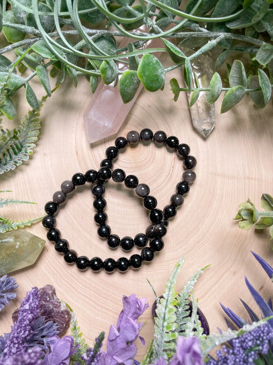 8mm Beaded Silver Sheen Obsidian Bracelet | Copper Ashes