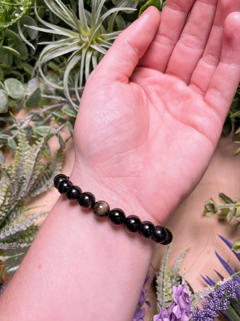 8mm Beaded Gold Sheen Obsidian Bracelet